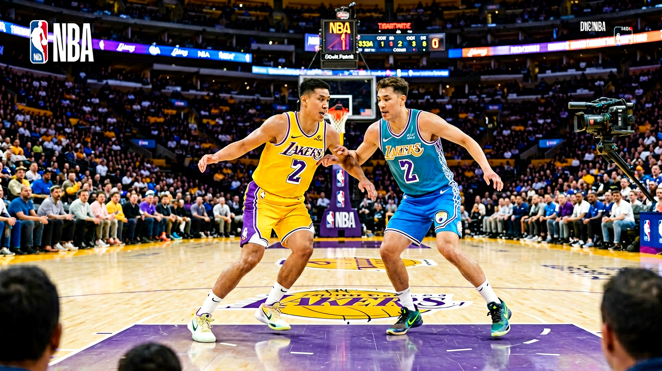 NBA篮球比赛现场，湖人队主场激烈对抗场景
